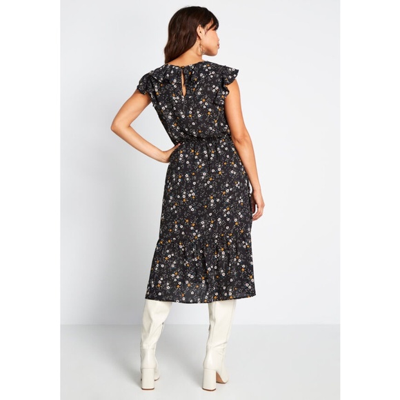 JACK by BB Dakota On the Horizon Floral Midi Dress Black Ruffle Keyhole - Picture 2 of 4